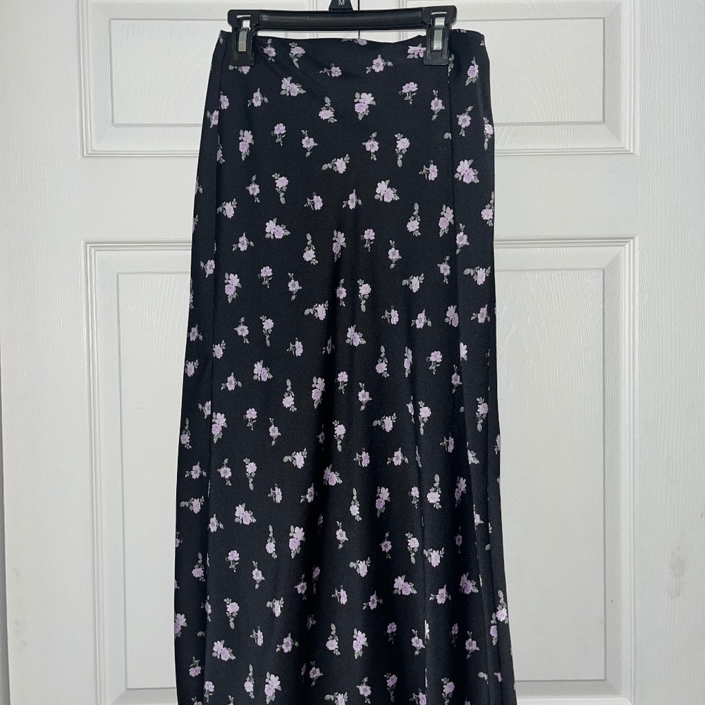 Black with Purple Flowers Midi Skirt